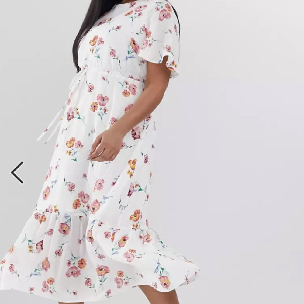 Sz 16 White and Pink Floral Midi Dress Ruffles